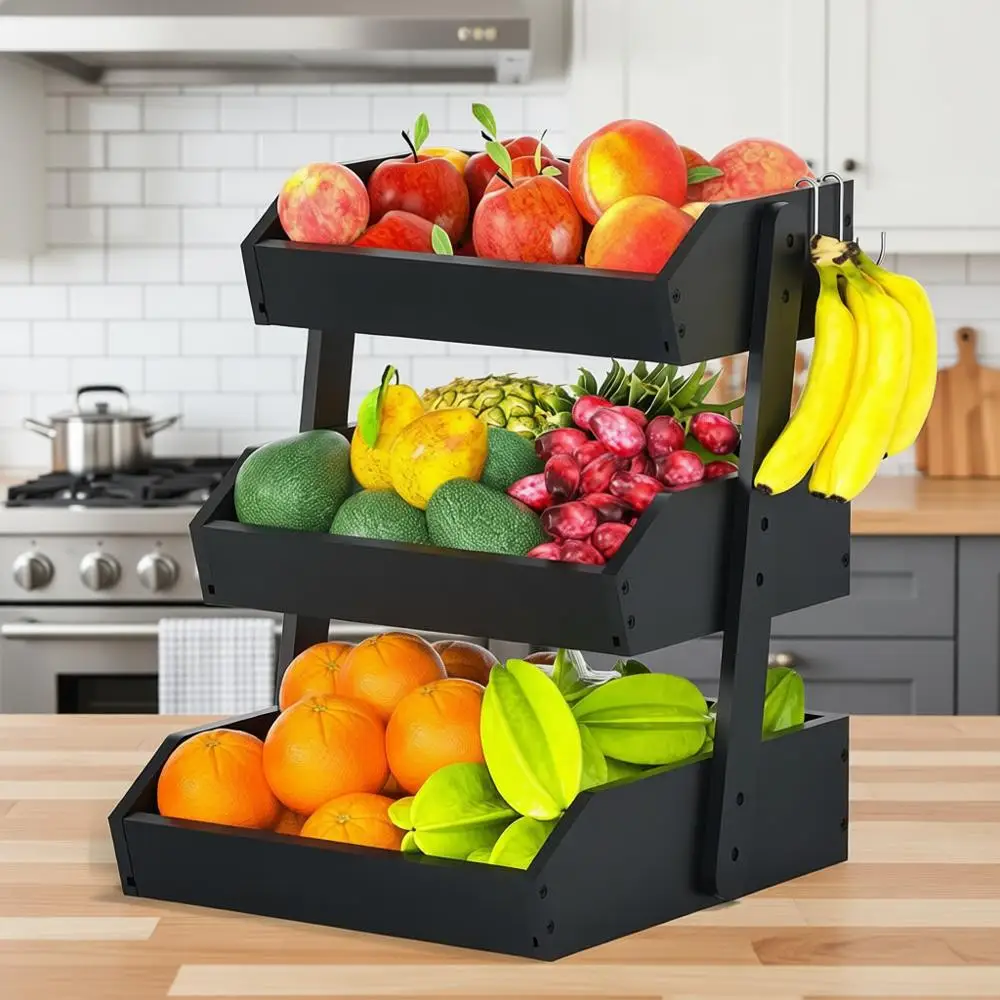 

3-Tier Bamboo Fruit Bowl with Banana Hangers for Kitchen Counter, Ideal for Fruit and Vegetable Storage, Bread Basket, Snack Org