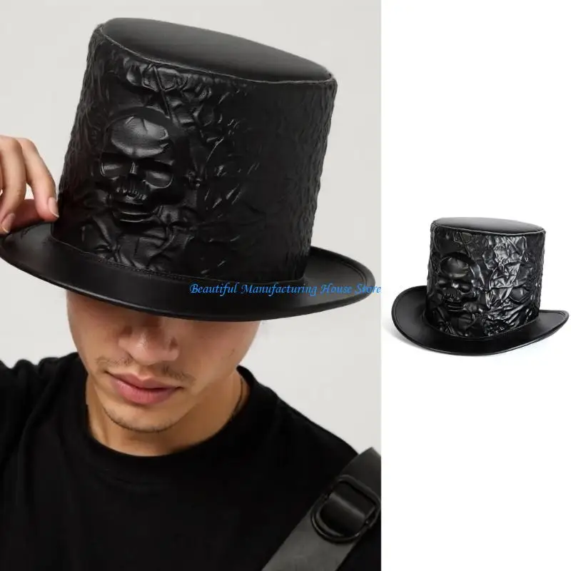 E56A Halloween Costume Skull Prom Top Hat Vintage Wide Brims Polyester Design