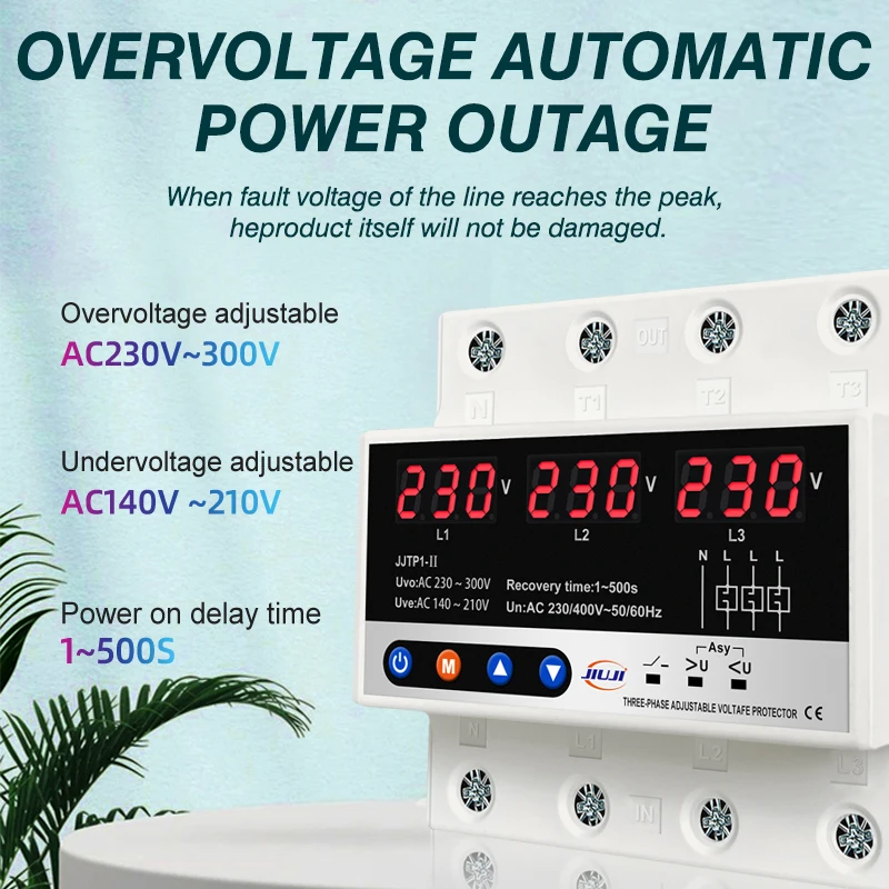 Over and Under Voltage Protector Three Phase Adjustable 3 Phase Automatic Recovery Protective Device Reset 63A AC220 380V