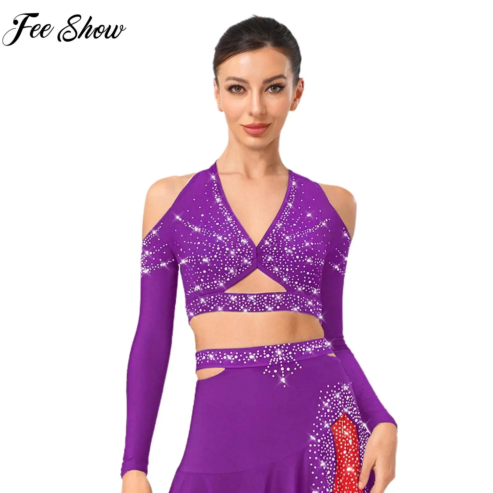 

Womens Sexy Style Backless Latin Outfit Jazz Samba Cha-cha Tango Dance Performance Costume Halter Long Sleeve Crop Top+Skirt Set