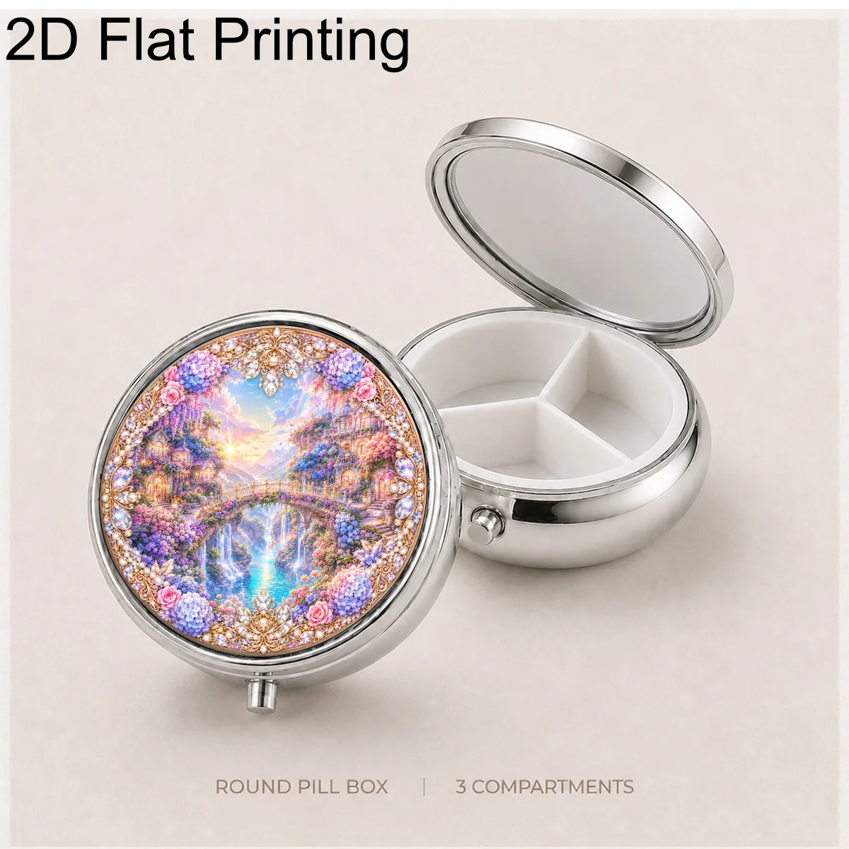 1Pc Flat Printing Dream Valley Castle Series Round Metal Pill Box, Wisteria Rose Clustered Ancient Castle Arch Bridge Waterfall Rainbow with Gem Pearl Border, Three Compartment Design Portable Carrying