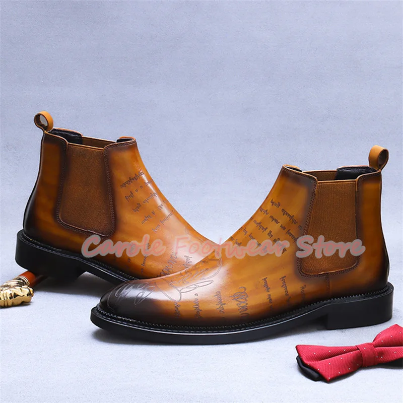 

Retro Carved Letter Genuine Leather Ankle Boots for Men Retro High Top Chunky Heel Chelsea Boots Male Formal Business Shoes