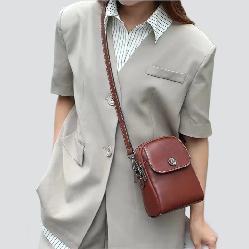 

Women's Genuine Cowhide Leather Shell Messenger Bag - Small Lightweight Versatile Phone Purse, Minimalist Design