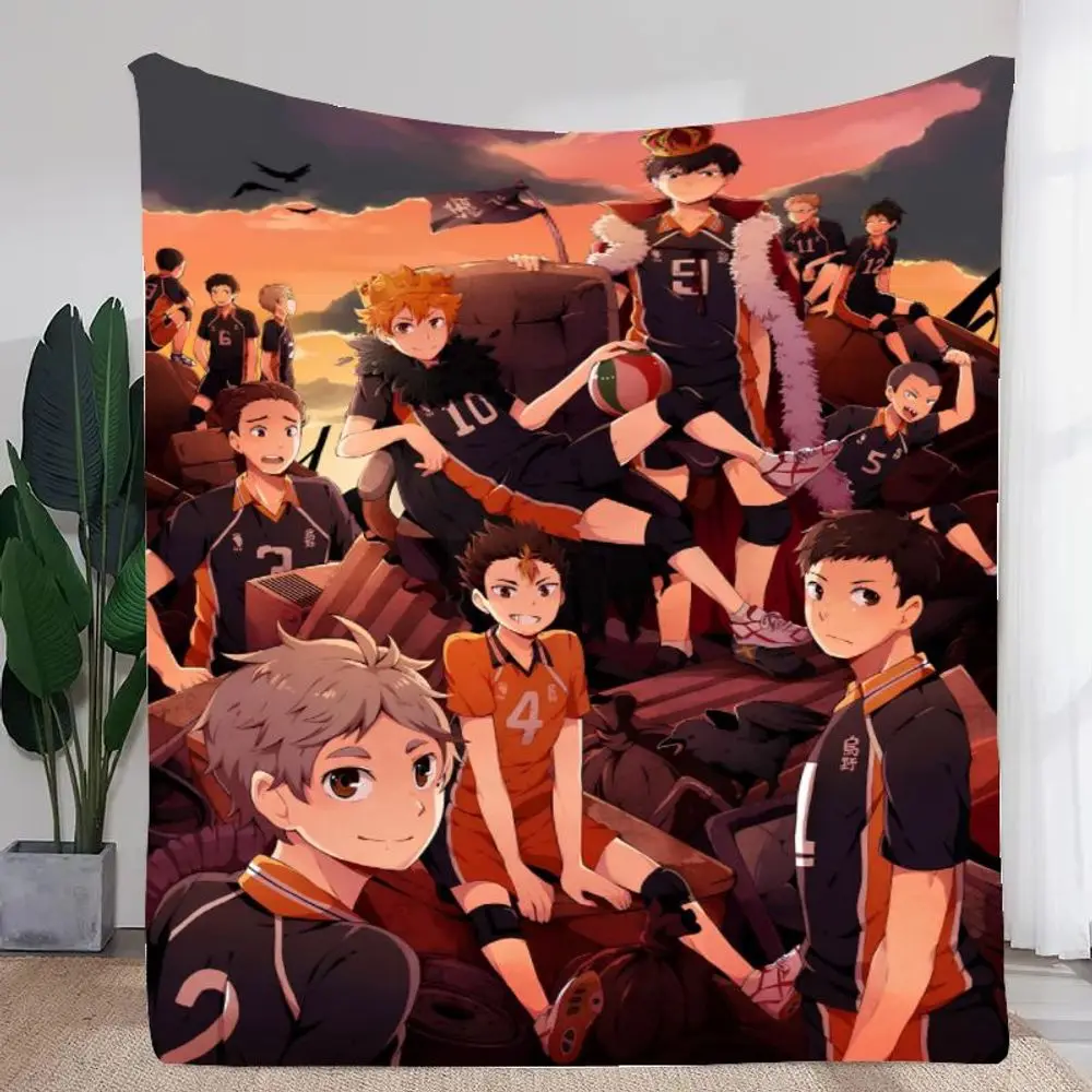 Haikyuu!! Anime Volleyball Team Blanket - Vibrant Sunset Scene with Dynamic Characters in Black and Orange Uniforms, Perfect for