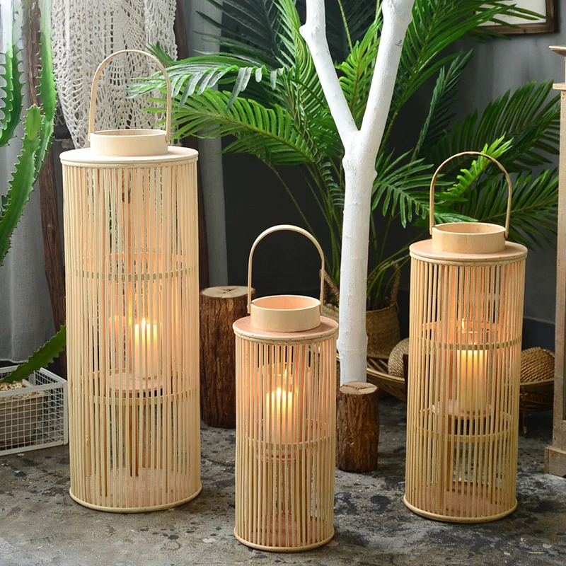 Natural Wind Bamboo Woven Wind Lamp Model Room Floor Candle Table Decoration Hotel Lobby Nordic Wabi-Sabi Lantern