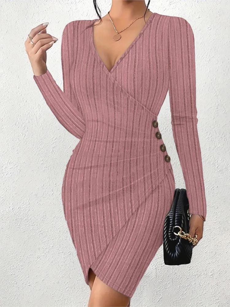 Elegant Slim Office Lady Dress Sexy V-neck Slit Knitted Package Hip Dress For Women Autumn Winter Long Sleeve Bodycon Dresses