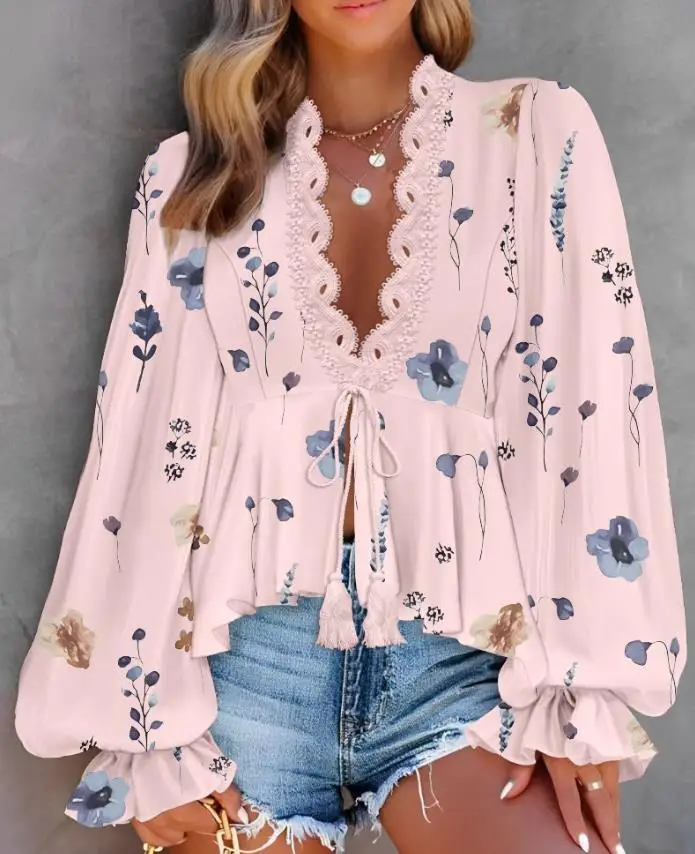 花柄 V ネック ブラウス ランタン スリーブ カジュアル コントラスト レース タイ ディテール レディース ファッション トップ