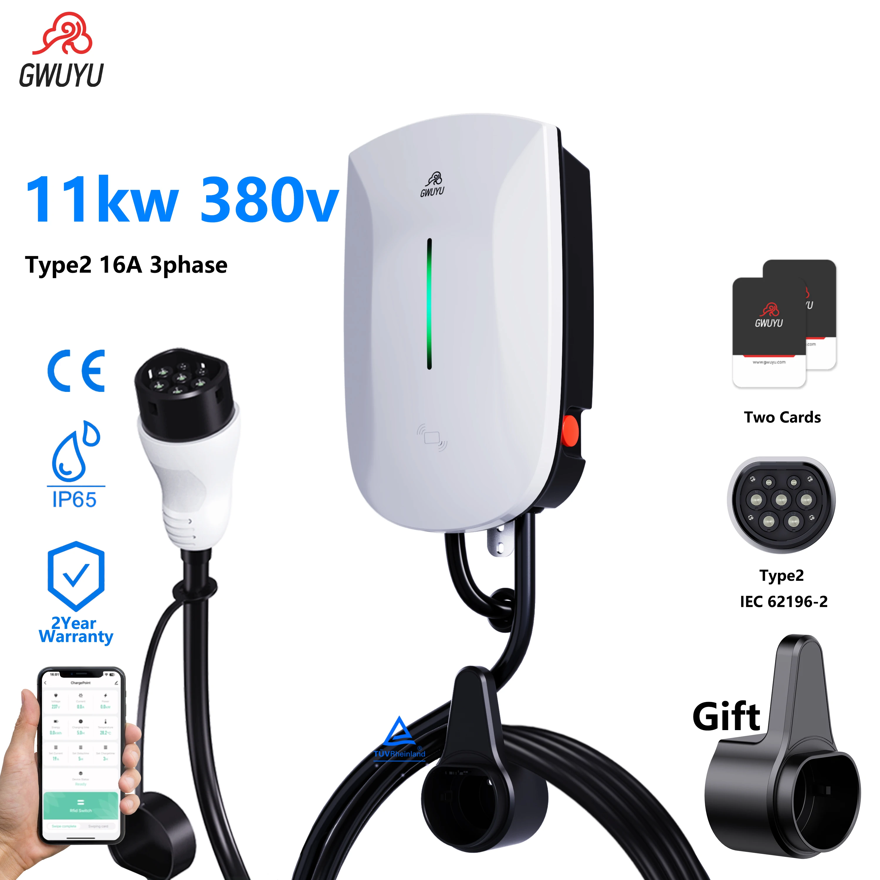 GWUYU EV-laadstation 16/32A elektrische autolader EVSE Wallbox Wallmount 7/11/22KW Type2-kabel IEC62196 APP-bediening