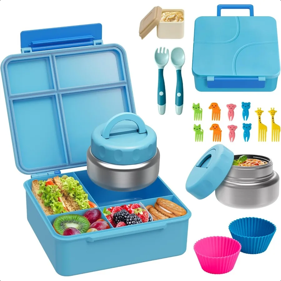 

Bento Lunch Box with 9.5 oz Soup Thermo Leakproof 4 Compartments Bento Box with Silicone Cupcake Fruit Fork Spoon and Sauce Cup