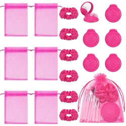 18pcs Pink Party Favors Makeup Party Favor Party Supplies Set Includes 6 Gauze Bags, 6 Scrunchies, 6Foldable Mirror Hair Brushes