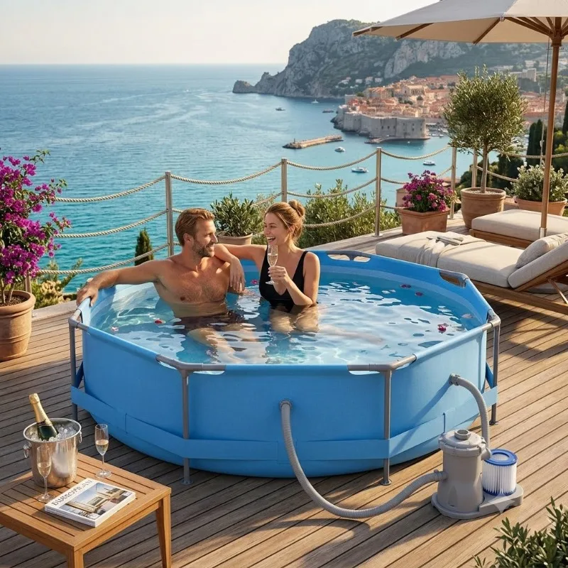 Runder Aufstellpool, Terrassenpool, Metallrahmen, Mit Filterpumpe, Gartenpool für Erwachsene – Versand ab lokalem Lager