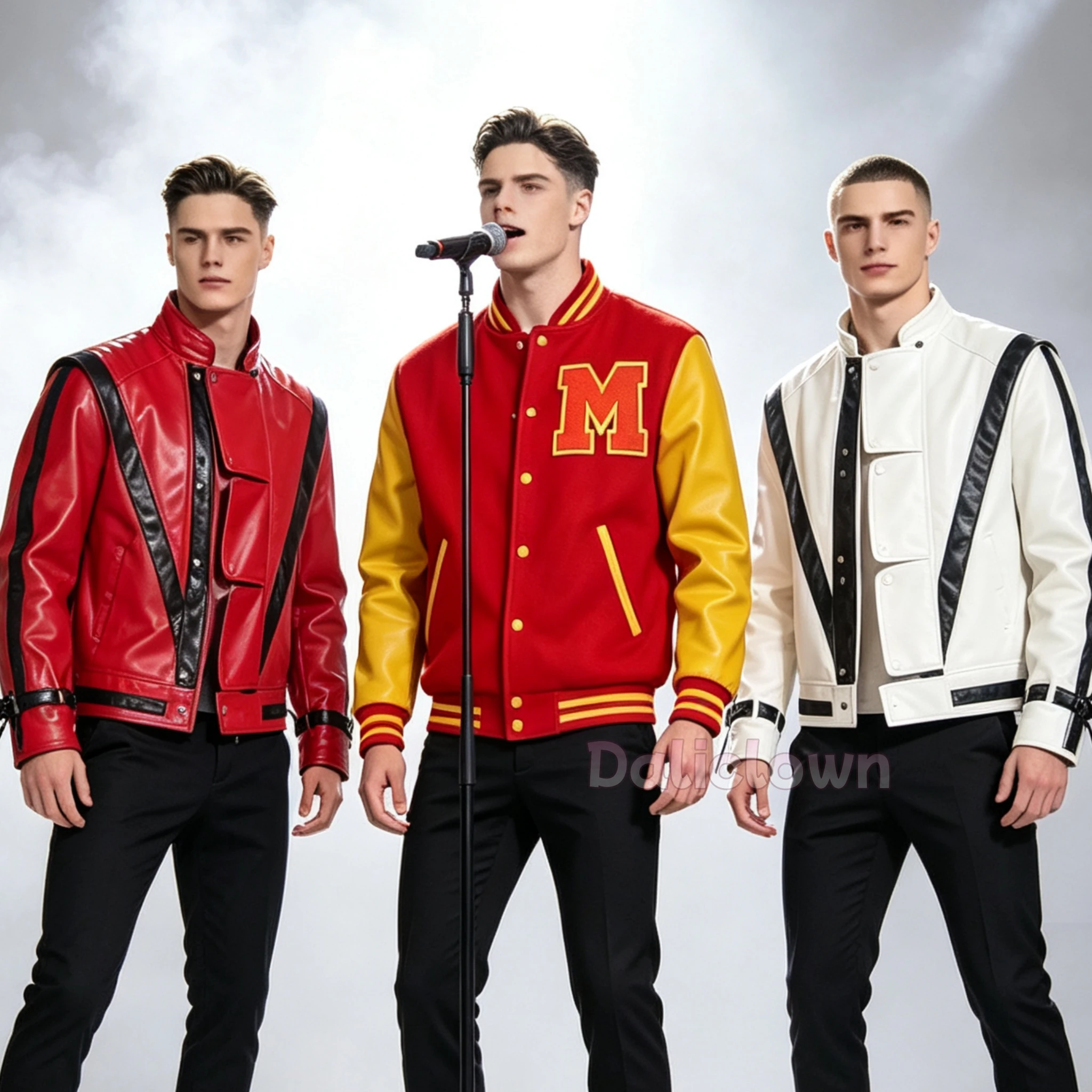 MJ Michael Jackson Kostüm Weiß-Rote Lederjacke Thriller Retro Bomber Baseballjacke Halloween Erwachsene Herren Cosplay Mantel Anzug