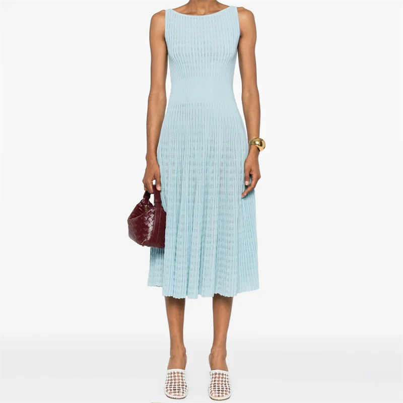 

Women's dress New elastic knitted slim fit round neck long dress for summer 2025 Sleeveless knee length dress midi dresses y2k