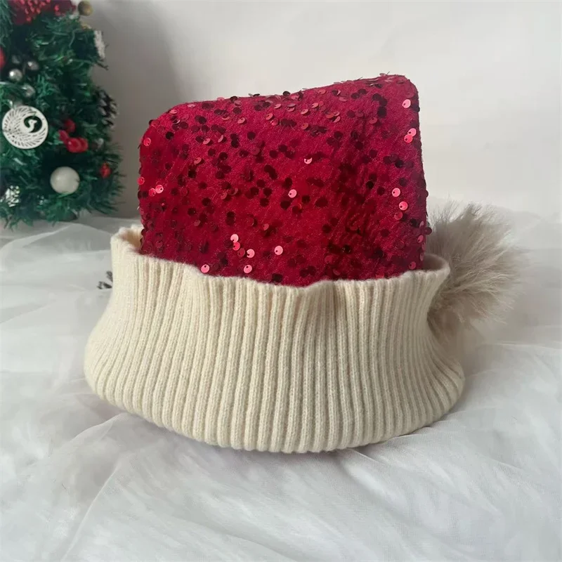 Gorro de Papá Noel, sombreros de Navidad, sombrero de fiesta de Navidad, gorro tejido con purpurina roja para adultos, mujeres, hombres, decoración de Año Nuevo, suministros para fiestas