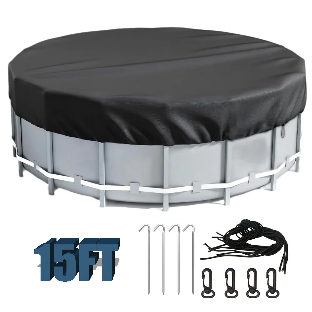 Round Outdoor Pool Cover 210D Oxford cloth Summer Waterproof Pool Tub Dust Ground Pool Dust Cover with Install Accessories