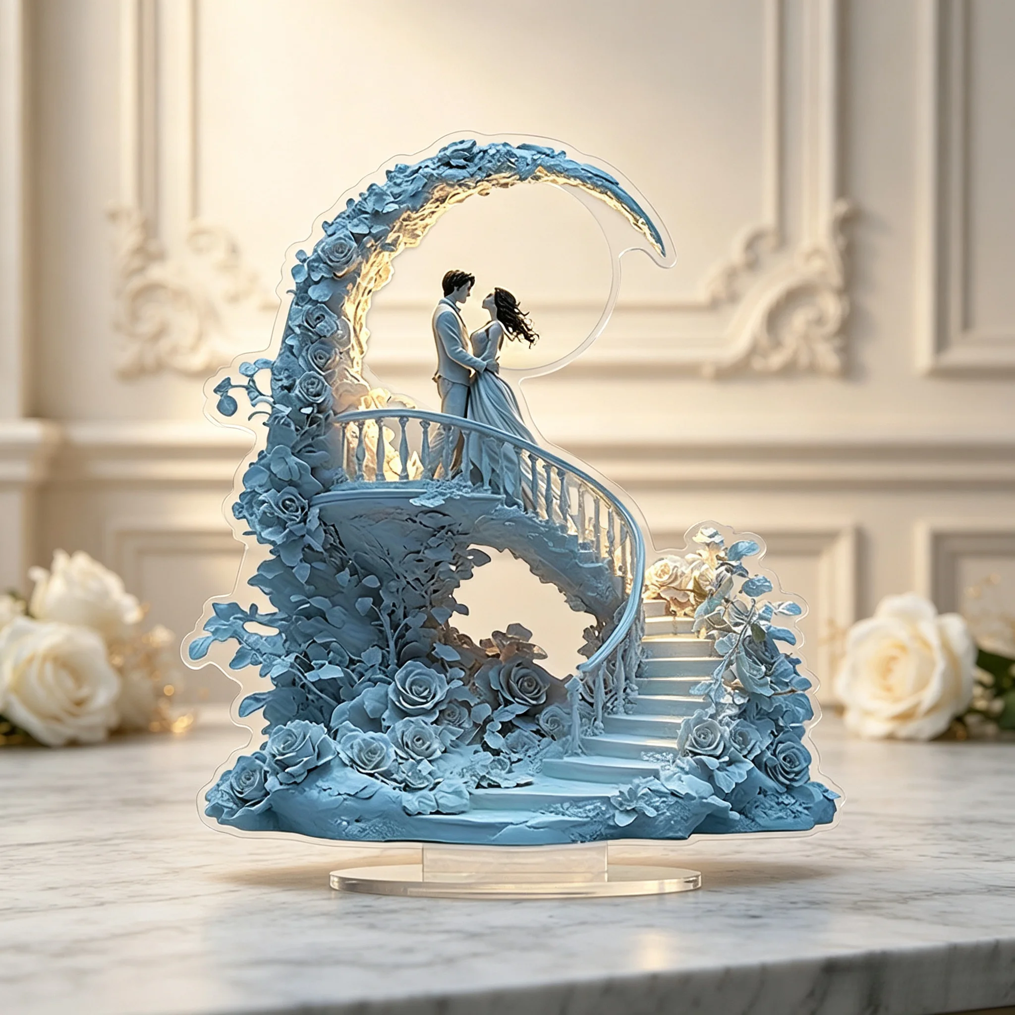 2D Flat Acrylic Romantic Couple Embracing Under Moonlight Decoration - Bohemian Wave Design with Rose And Greenery, No Electrici