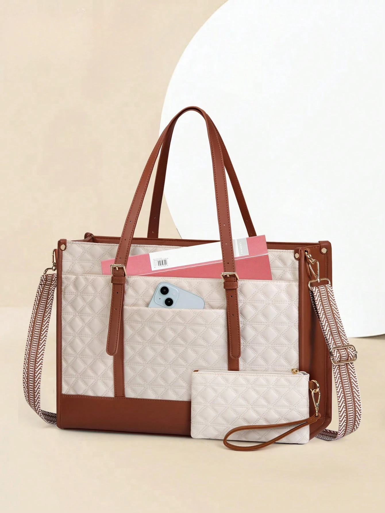 

15.6 Inch Vegan Leather Laptop Tote Bag For Women - Quilted Designer Work Briefcase | Professional Office & Teacher Bag With Matching Purse | Cute Computer Bag For College & Business
