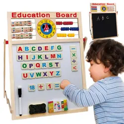 Wooden Kids Easel Drawing Board Double-Sided Toddler Drawing Chalkboard Magnetic Dry Erase Board With Abacus Bracket Type Wooden