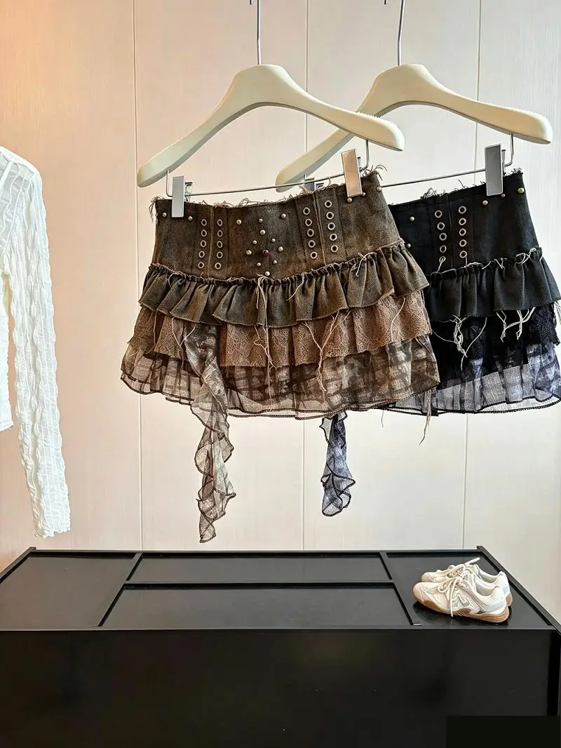 Women's Summer Autumnn High Street Patchwork Layered Cake Skirt Lady Streetwear High Waist Slim Lace Denim Short Skirt