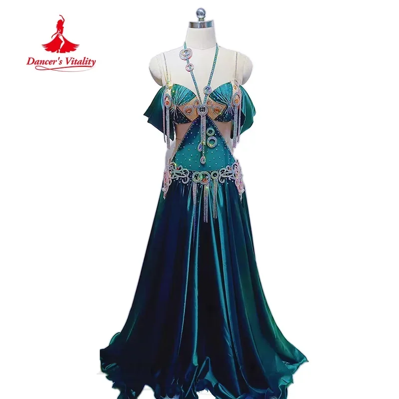 

Костюм для выступлений BellyDance, индивидуальный бюстгальтер с камнями AB + атласная длинная юбка, 2 предмета, одежда для соревнований по восточному танцам для взрослых и детей