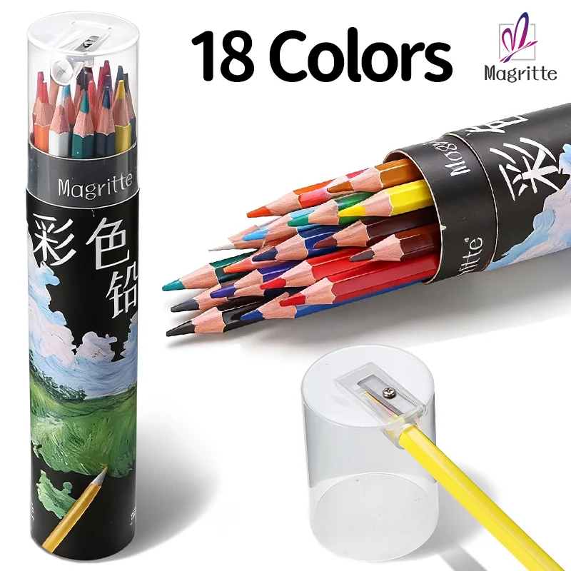 Magritte 18 Farben Aquarell-Buntstifte-Set mit Anspitzer für Erwachsenen-Malbücher zum Malen, Skizzieren, Schattieren