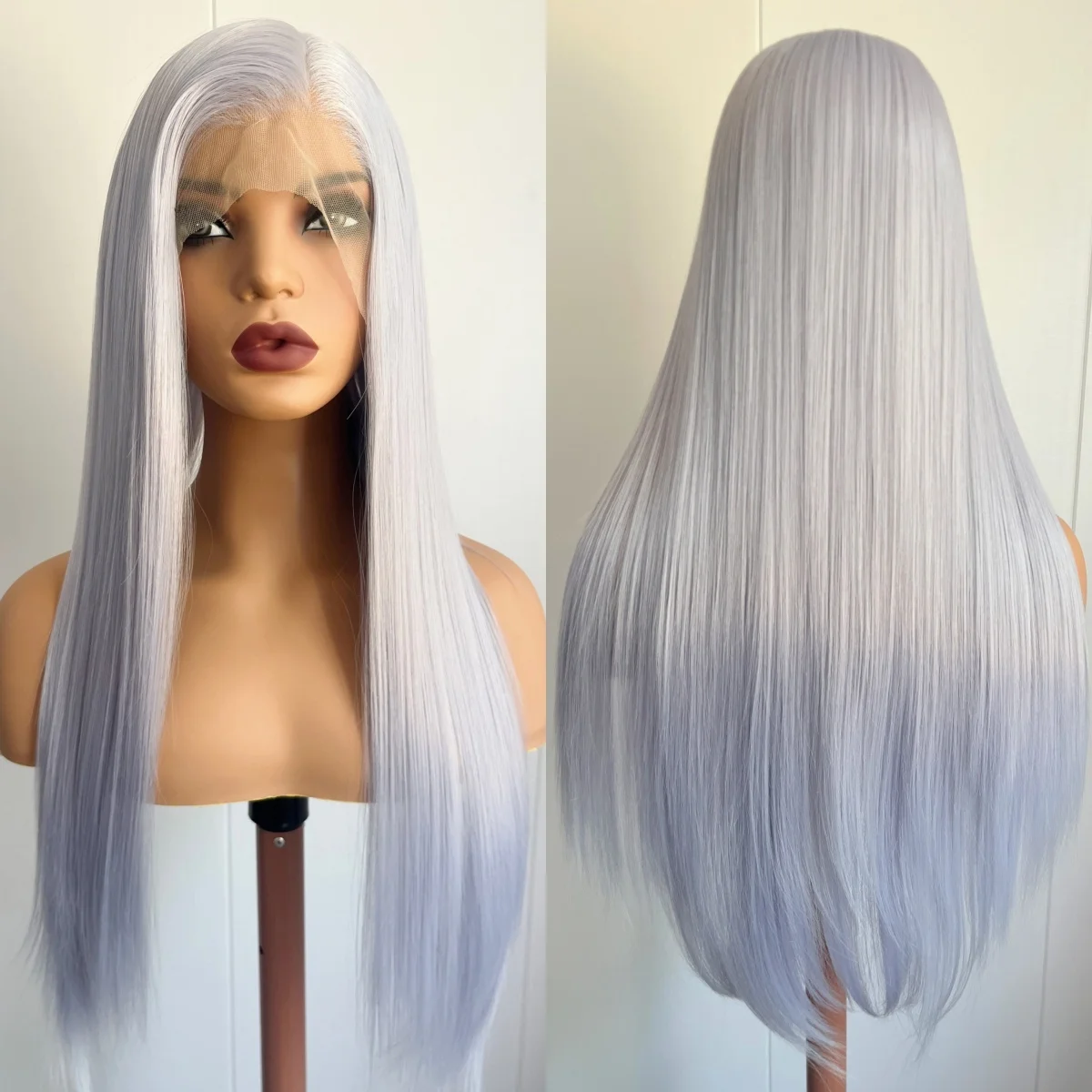 Diniwig Lavender Silver Gray Wig Long Silky Straight Synthetic Lace Front Wigs for Women Free Part Natural Hairline Daily Use