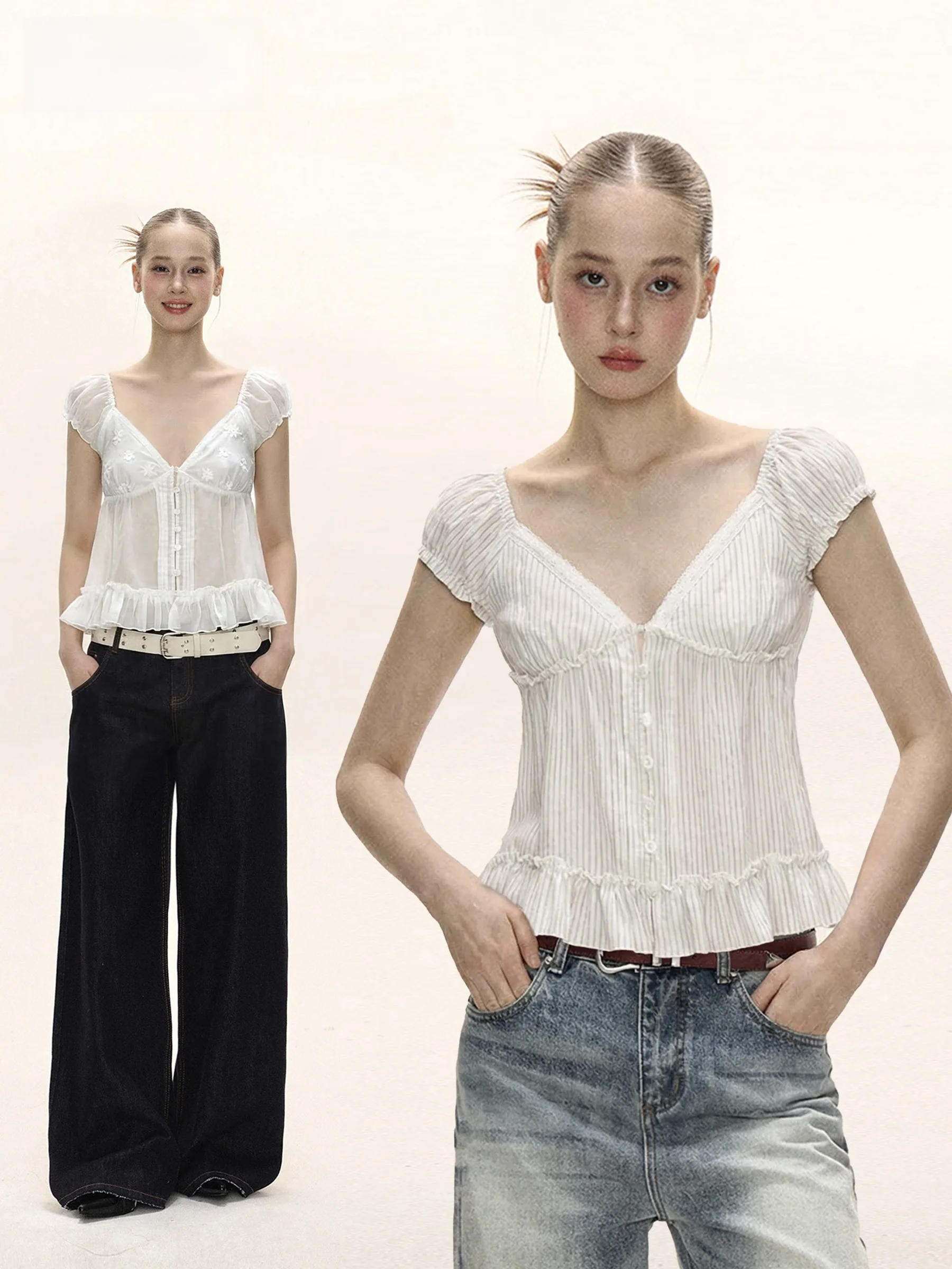 

Летняя женская блузка с коротким рукавом, V-образным вырезом, кружевной отделкой и рукавами-фонариками, в американском стиле, дизайн «Spicy Girl», коллекция ноября