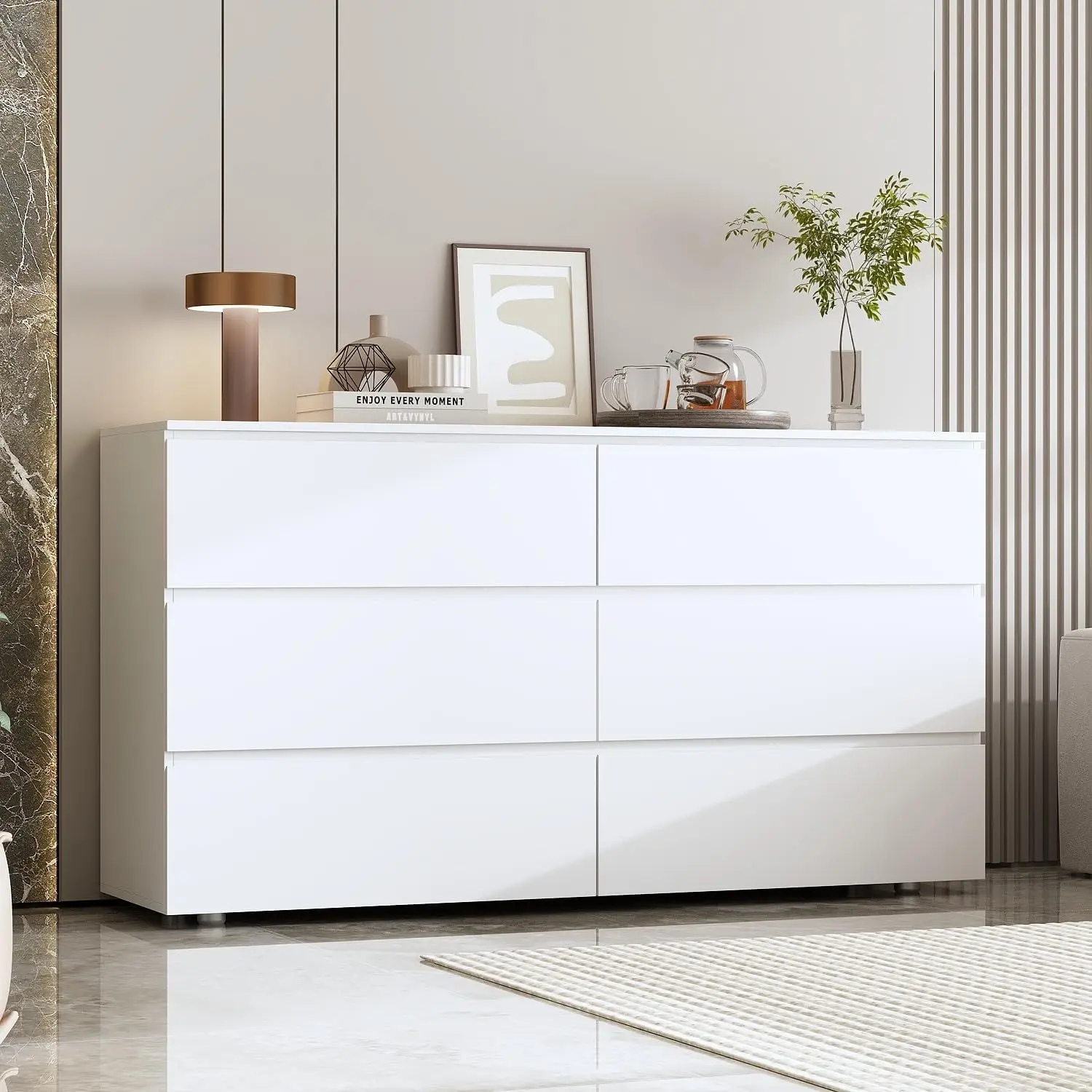 White Dresser No Handles, 6 Drawer Dresser with Wide Storage, Modern Contemporary 6-Drawer Chest, White Dresser for Bedroom (59”