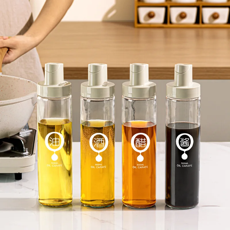 Oil Pot Kitchen Soy Sauce Vinegar Seasoning Bottle Set, No Oil Hanging, Leak Proof Glass Oil Tank, Automatic Opening and Closing