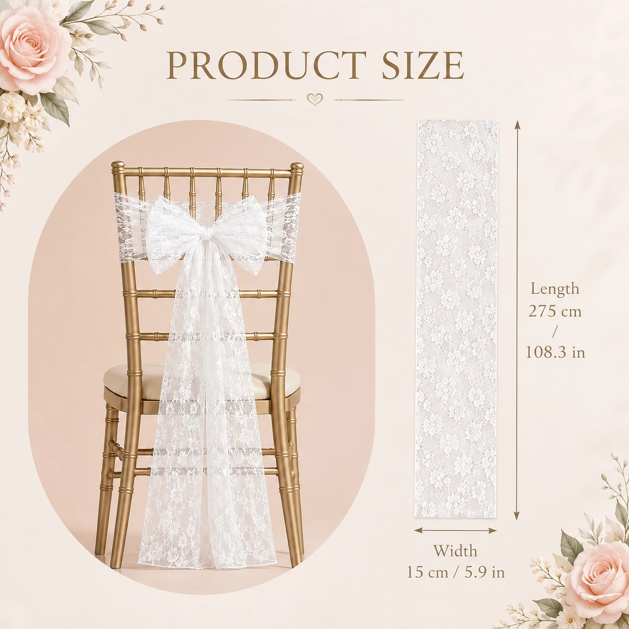 2Pcs Wedding Chair Sashes White Lace Chair Decor Extra Long Boho Embroidery Chair Bands for Ceremony Bridal Shower Party