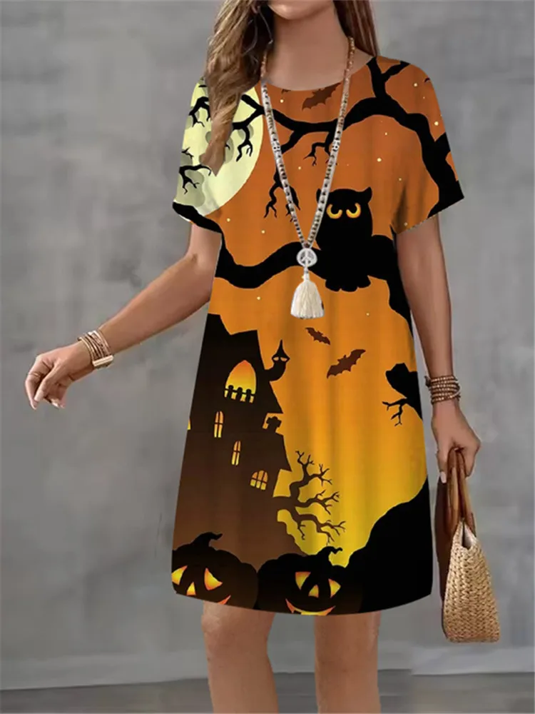 

Женские весенние и летние платья с принтом на Хэллоуин, с коротким рукавом и круглым вырезом, модные вечерние женские персонализированные платья