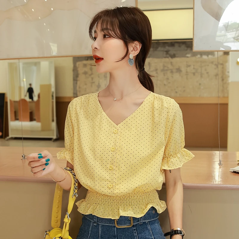 2024 Summer New Women\'s Korean Style V-neck Blouses Top Slim Waist Polka Dots Yellow Chiffon Shirt