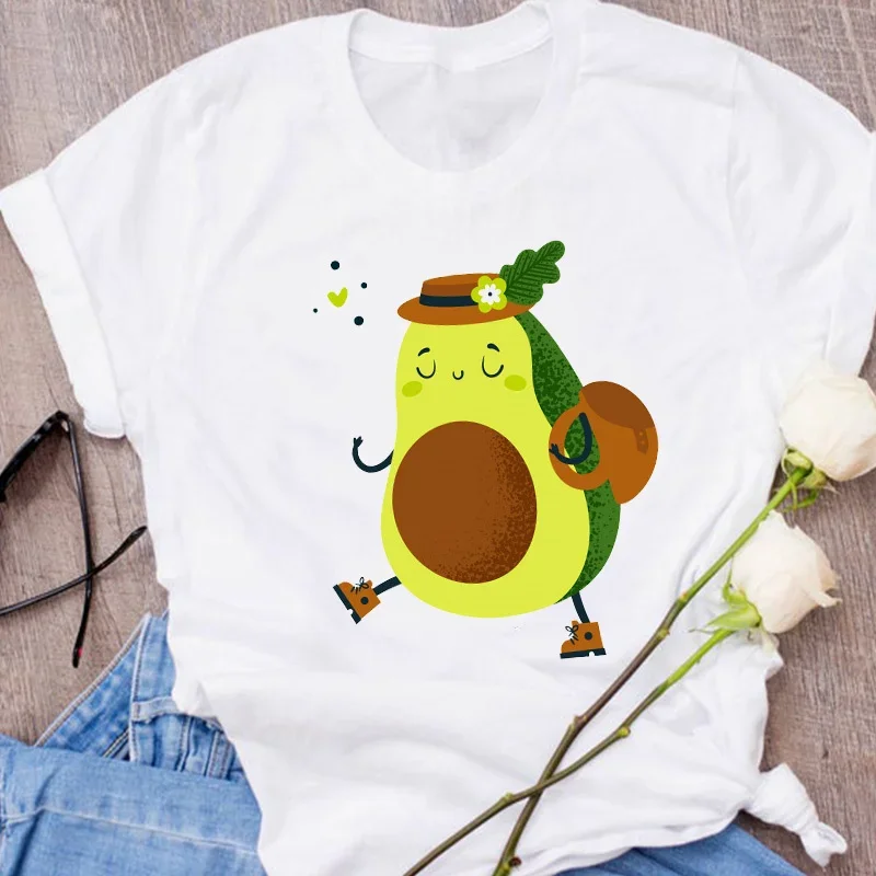 Camiseta gráfica feminina, impressão de gato abacate, desenhos animados, roupas de frutas, roupas florais para senhora, camisetas femininas, tops, camiseta