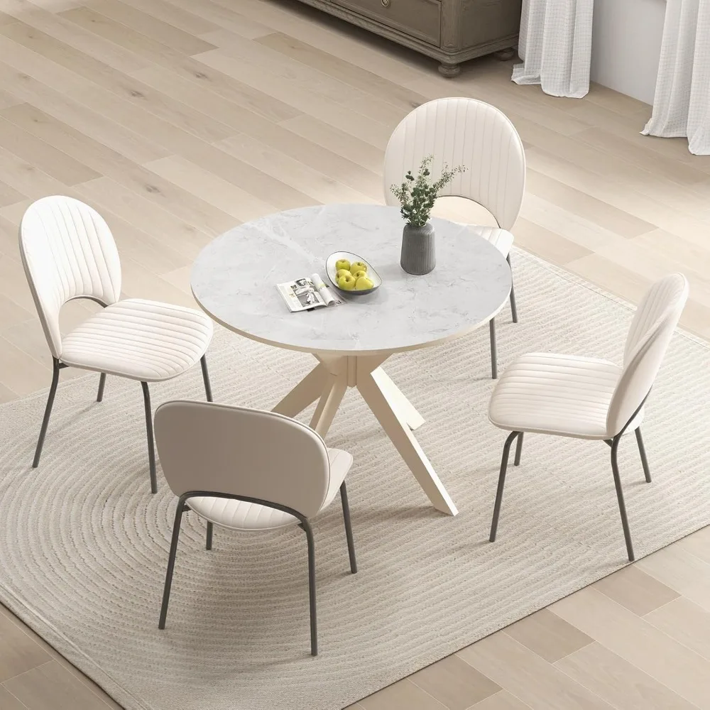 Meja Makan Bundar 36 inci, Meja Dapur Kayu Solid dengan Alas Kaki Berbentuk Pedestal yang Bersilang dan Bantalan Kaki yang Dapat Disesuaikan untuk Rumah, Kantor