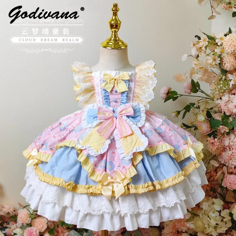 

Original Cute Girls Lolita Princess Dress Candy Color Block Bow Lace Trim Vest Dresses White Layer Shirt Birthday Party Gown