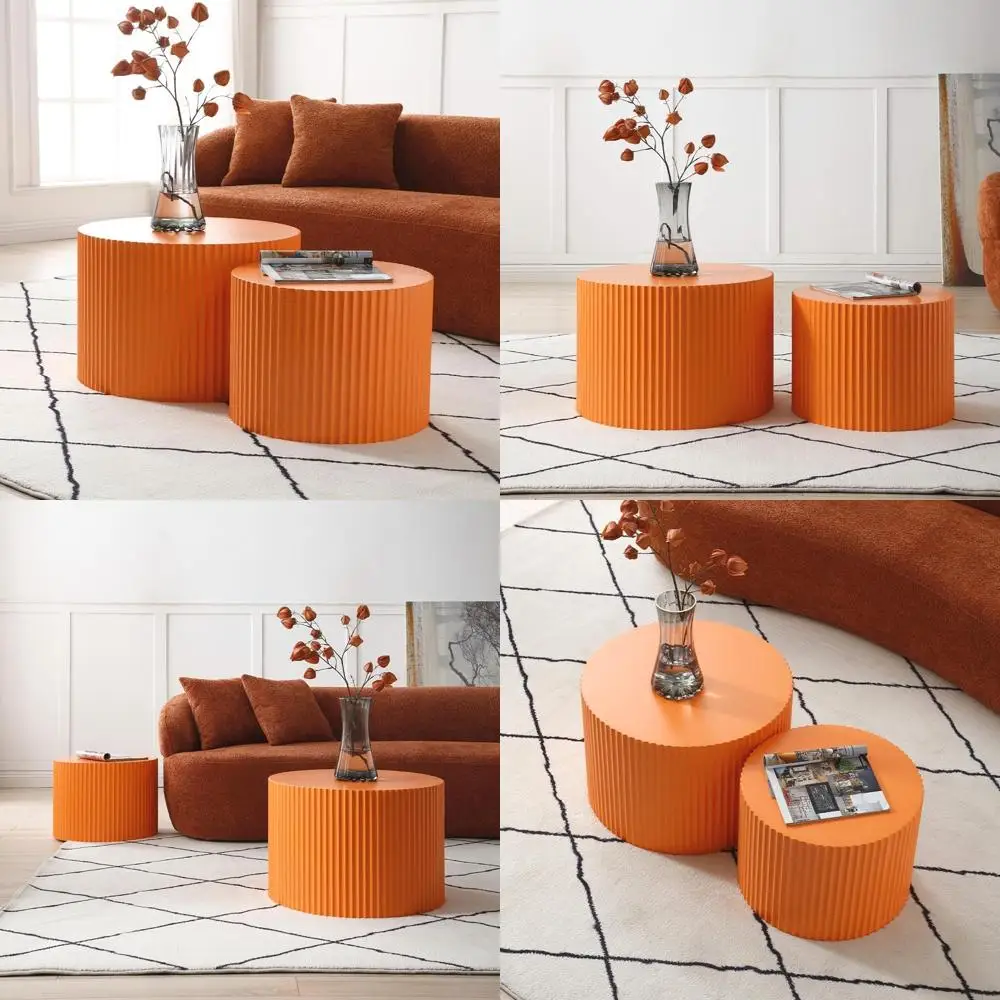مجموعة طاولة القهوة الخشبية المستديرة الحديثة الفاخرة غير اللامعة باللون البرتقالي مكونة من 2، طاولات جانبية معاصرة وطاولات نهاية مميزة #1