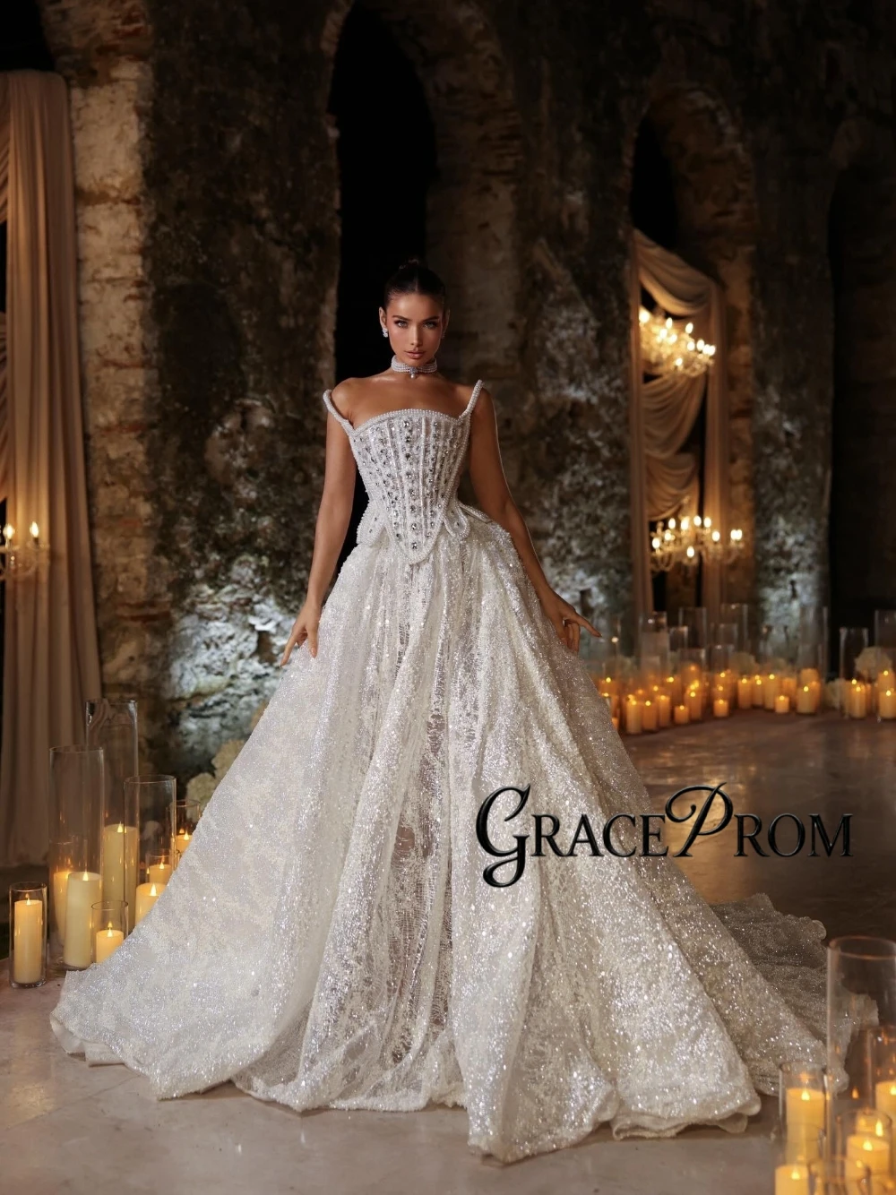 

Princess Sparkly Rhinestones Wedding Dress Richly Beaded Bodice Ball Gown With Long Train Customized Graceful Unique Bride Wear
