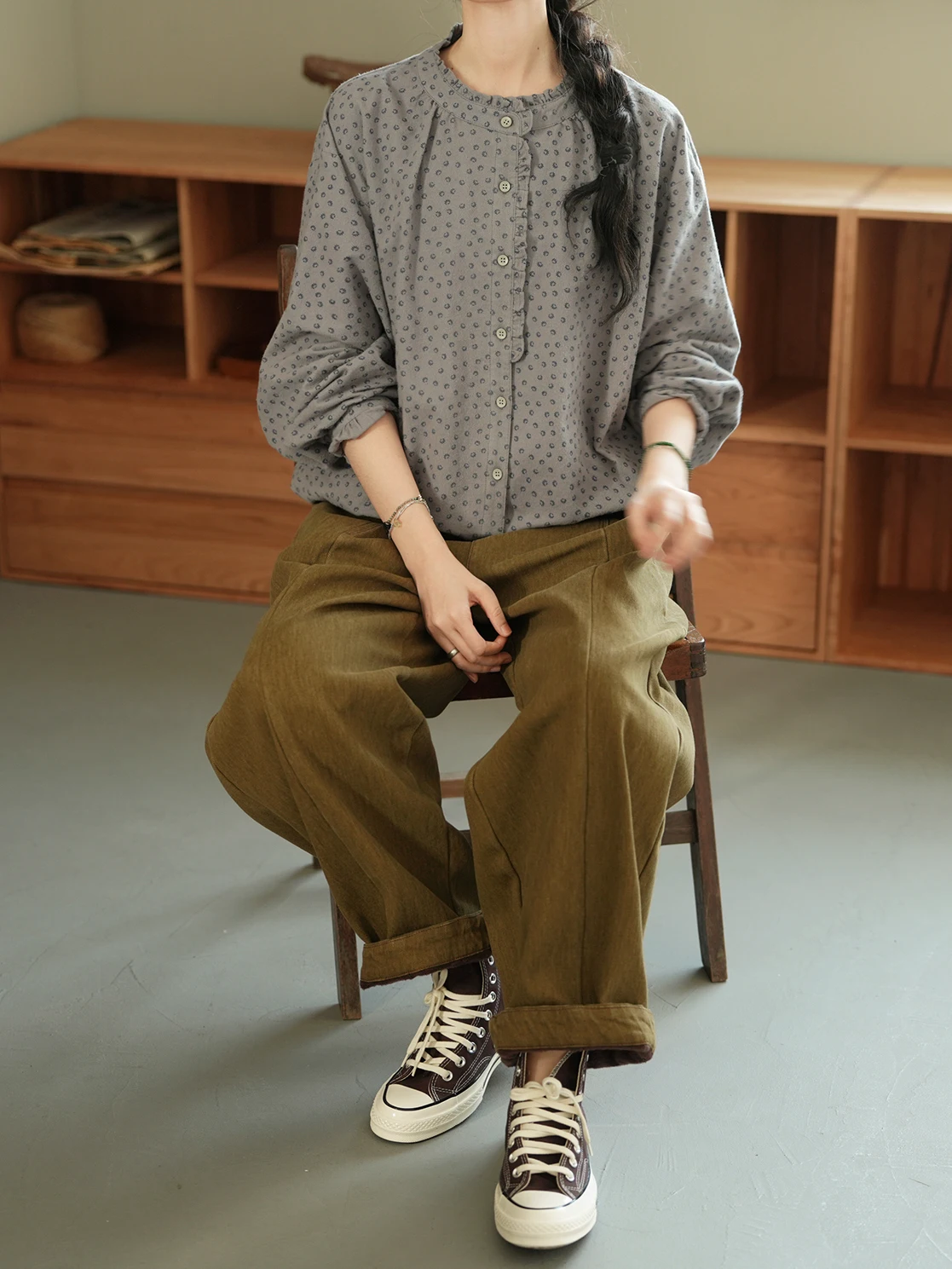 

Lrcp Two-Persons Production Loose Cotton irt with Wood ain Flower Pattern Casual Breathable Women's Spring irt