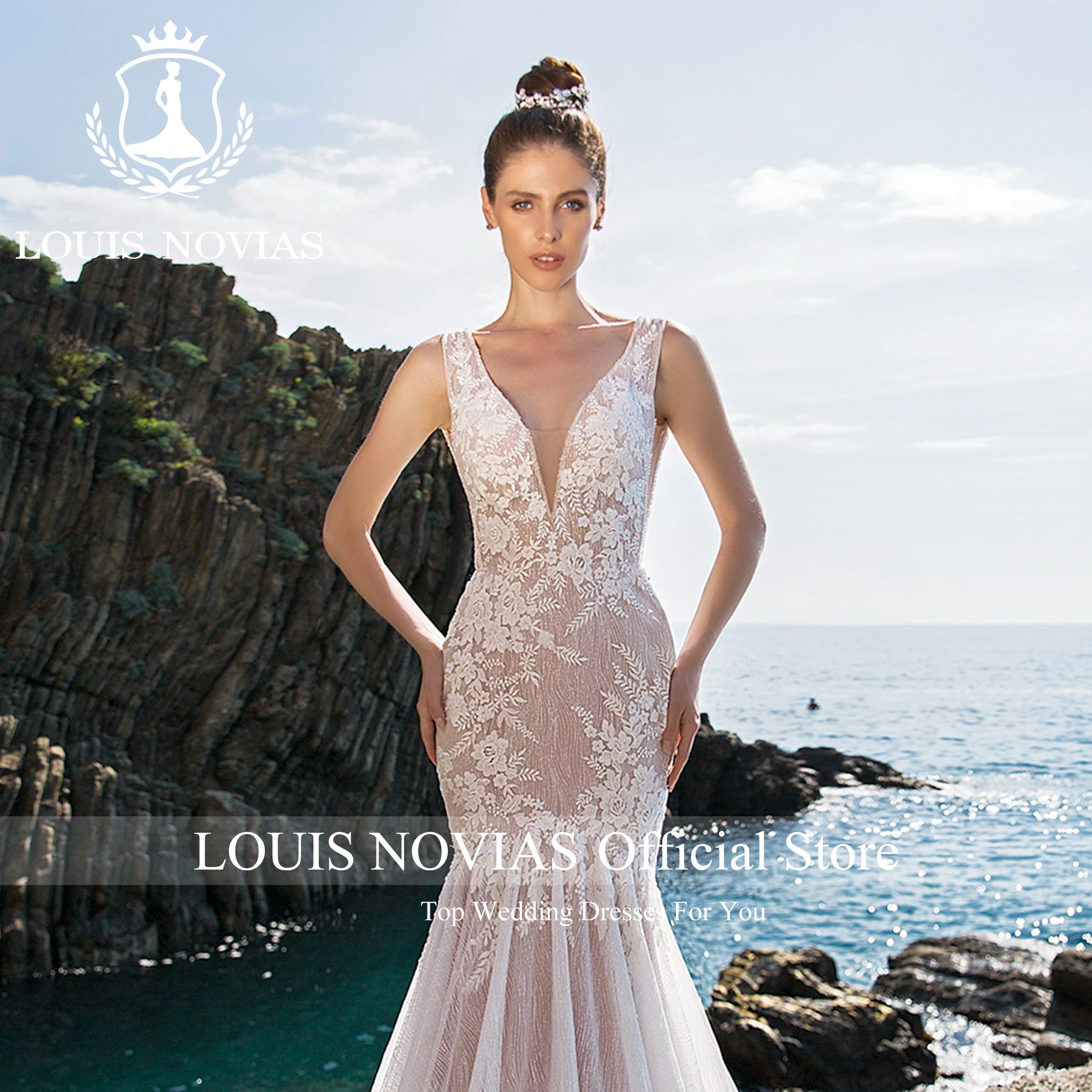 

LOUIS NOVIAS Mermaid Wedding Dress For Women Sexy Deep V-neck Appliques Backless Lace Court Train Wedding Gown Vestidos De Novia