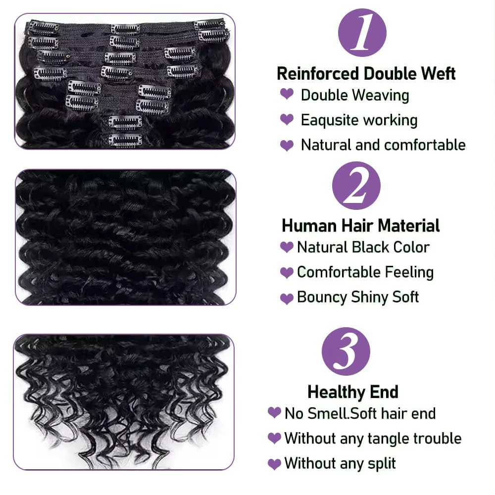 Clip In Extension Deep Wave Full Head for Black Women Brazilian Remy Human Hair Natural Color 8Pcs with18clips 120g/Sett 24inch