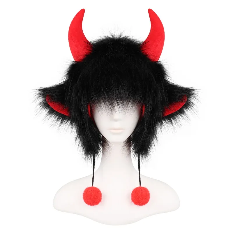 Halloween Party Hat Funny Ear Hat Black Horn Plush Hat Windproof Bull Horn Cap For Halloween Party Winter Outing Costume Party