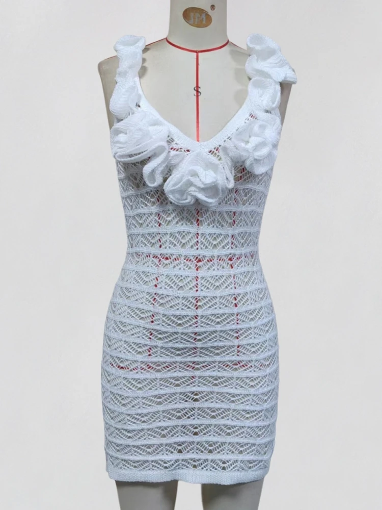 

Sexy Women Knit Beach Dress Hollow-Out V-Neck Sleeveless Bikini Cover-Ups Dress Holiday Dress 2026 Summer Swimwear Beach