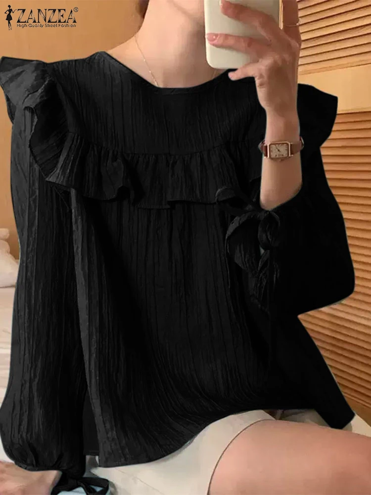 Fashion Elegant Long Sleeve Women Blouse 2025 ZANZEA Spring Solid Ruffles Tops Tunic Casual Lace Up Shirt Female Party Blusas