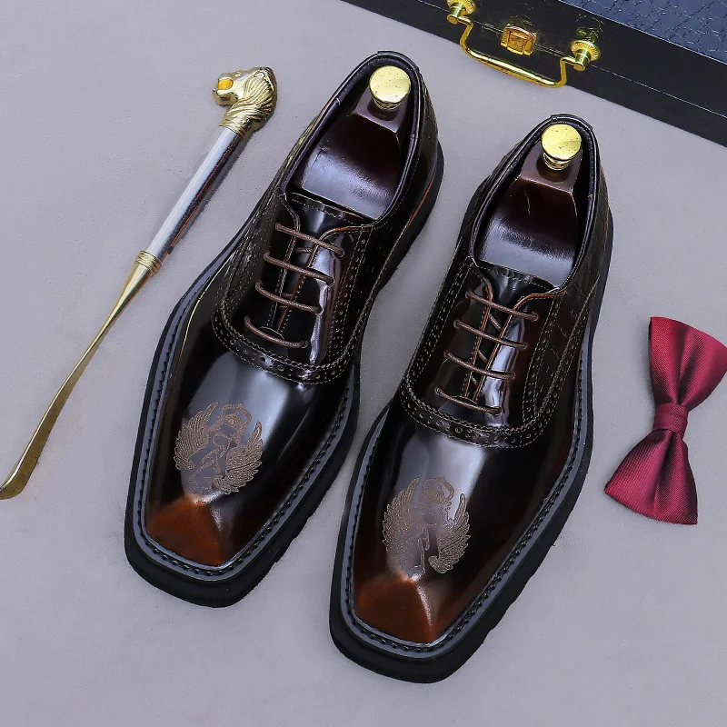 Men's Genuine Leather Shoes Laser Pattern Glossy British Casual Cowhide Oxfords Thick Sole Lightweight Groom's Wedding Shoes