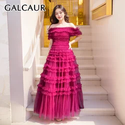 GALCAUR Patchwork Mesh Dress For Women Slash Neck Short Sleeve High Waist Spliced Ruffleds Folds Casual Long Dresses Female New