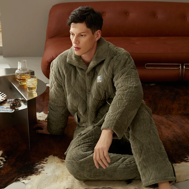 Male Winter Warm Pajama Set Keep Warm Three-layer Thick Coral Velvet Quilted Warm Sleepwear Home Wear Clothes Suit For Men 3XL