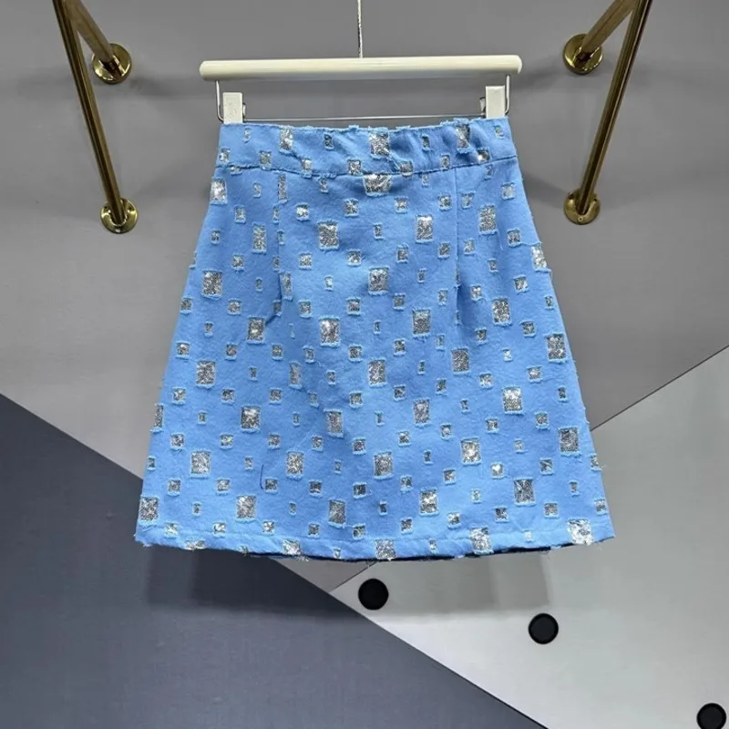 2024 New Fashion Irregular Hole Sequin Cloth Denim Skirt Women's Summer All-Match Slim A- line Skirt with Lined Hip Skirt