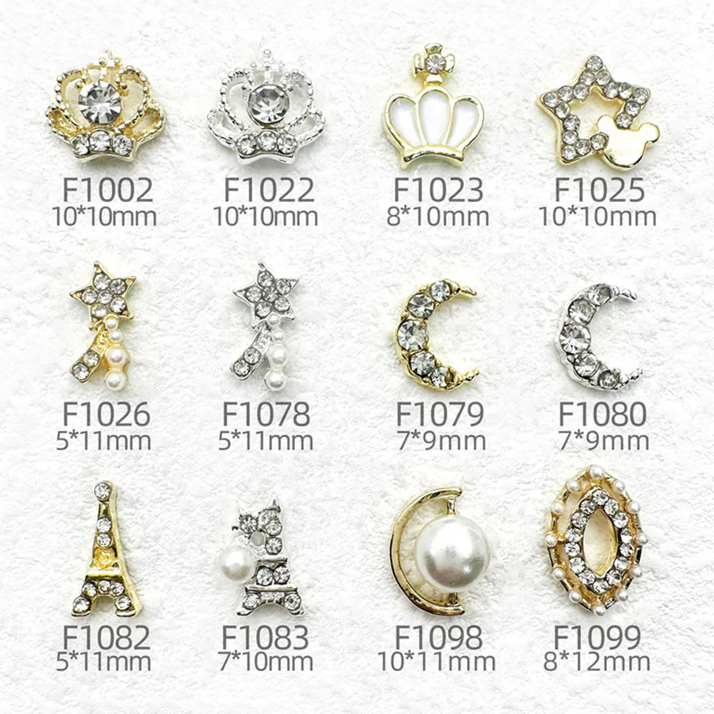 

10Pcs/lot 3D Alloy Paris Eiffel Tower Nail Art Charms Star/Moon/Crown Gold/Silver Rhinestone Parts Pearl Nail Accessories