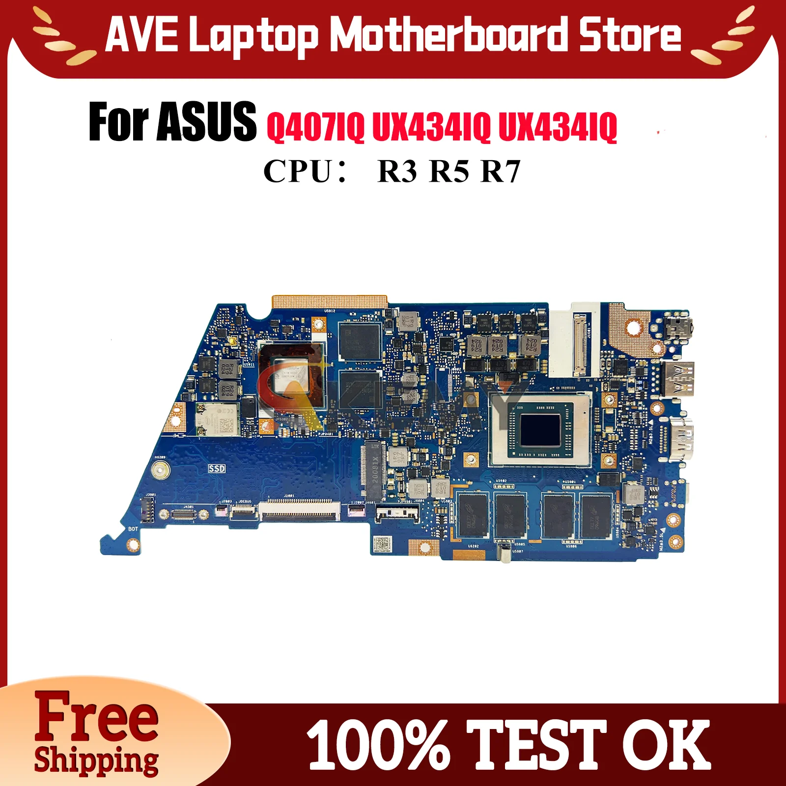 

Материнская плата UX434IQ для ноутбука ASUS ZenBook UX434IQ UX434I Q407IQ с процессором R3 R5 R7, 100% тестирование, ОК, быстрая доставка