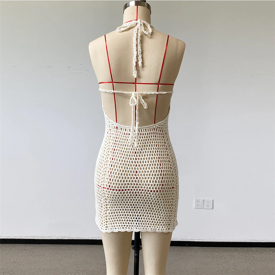 Halterneck, rückenfreies, gehäkeltes, gestricktes Tunika-Strandkleid, Strandkleid, Strandmode, Damen V8402 – Detail 8